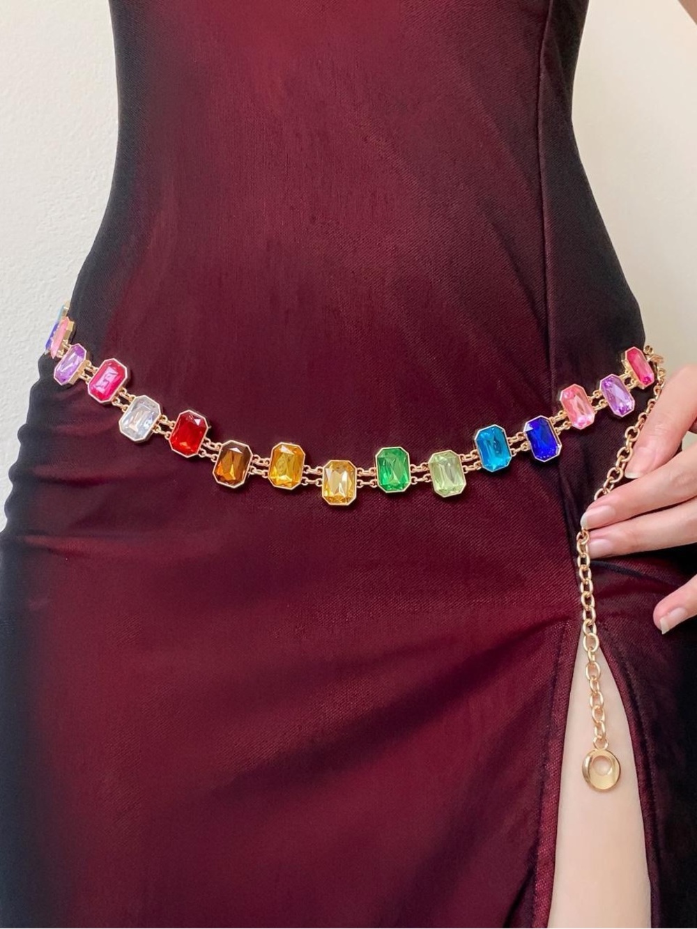 Gold Colorful Multi Colored Crystal Rhinestone Body Waist Chain Belt